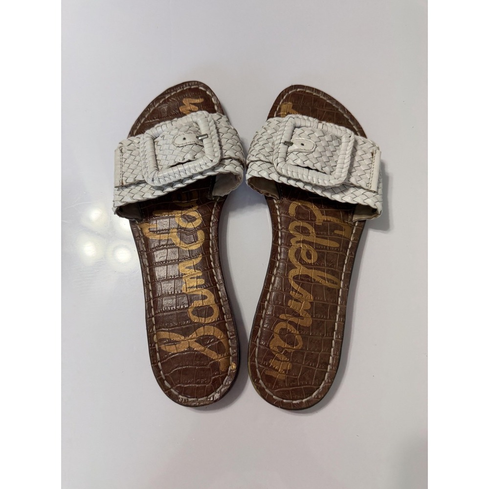 Sam Edelman Womens 8 White Woven Leather Slide Sandals Buckle Animal Print Flat